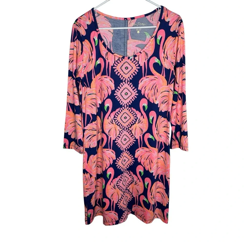 Lilly Pulitzer Beacon Gimme Some Leg Shift Dress Sz Large Flamingos Navy Blue L - Picture 2 of 6